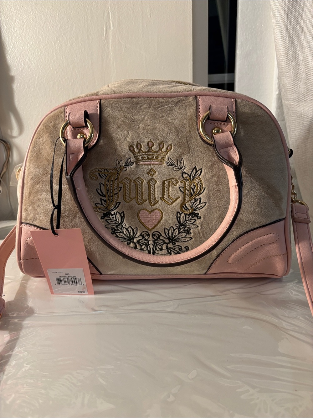 Juicy Couture Beige and Pink Logo Satchel with Gold Embroidery